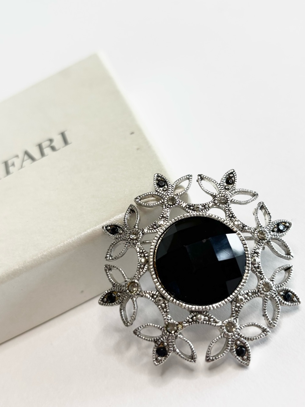 Vintage Trifari Silver-Tone Brooch with Black Faceted Center Stone